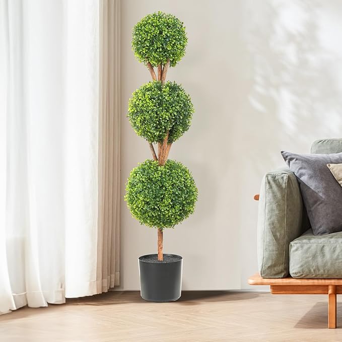 VEVOR Artificial Boxwood Topiary Tree, 48 inch Tall (2 Pieces), Triple Ball-Shaped Faux Topiary Tree, Green Faux Plant with Replaceable Leaves & Pot for Decorative Indoor/Outdoor/Home/Office