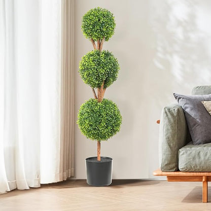 VEVOR Artificial Boxwood Topiary Tree, 48 inch Tall (2 Pieces), Triple Ball-Shaped Faux Topiary Tree, Green Faux Plant with Replaceable Leaves & Pot for Decorative Indoor/Outdoor/Home/Office