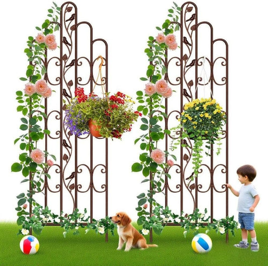 Amagabeli 2 Pack 71” x 21” Tall Garden Trellis for Climbing Plants Outdoor Heavy Climbing Plant Rose Trellis Wrought Iron Ivy Vine Cucumbers Decorative Metal Trellis Brown