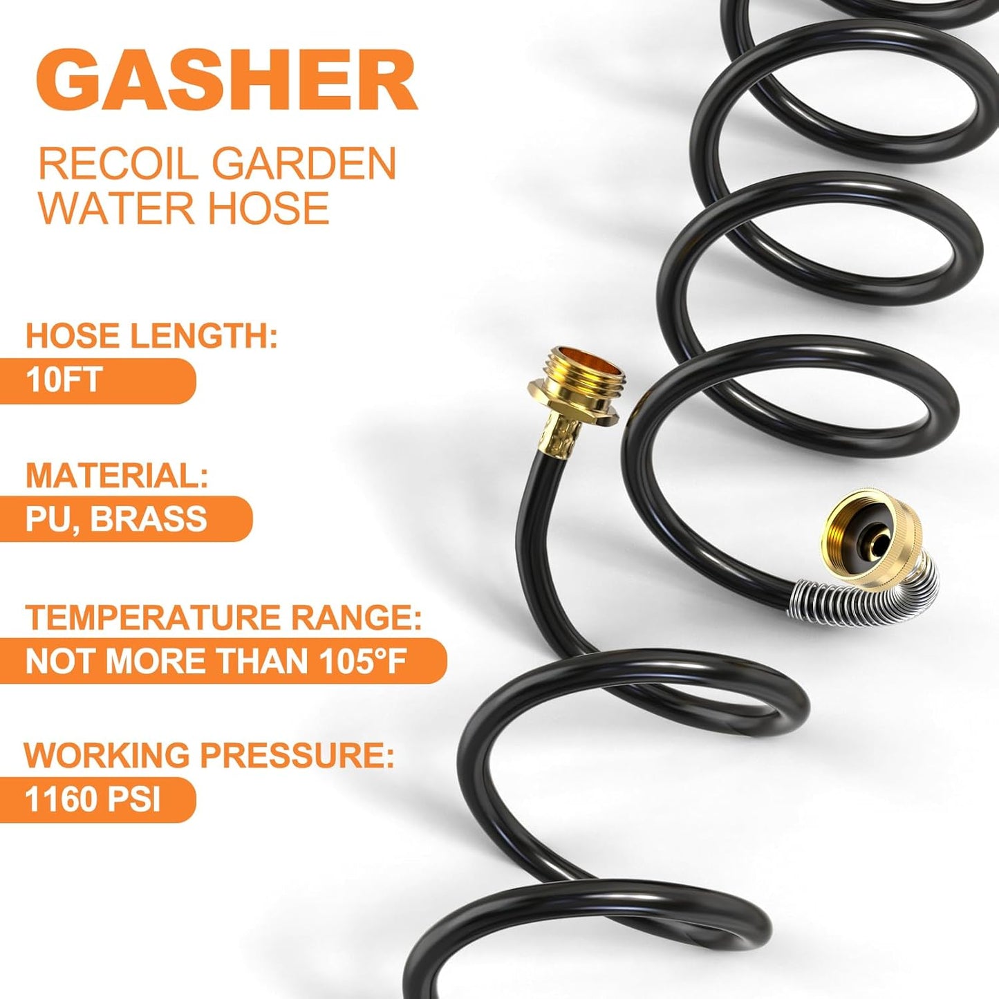 GASHER 10FT PU Recoil Garden Water Hose With 3/4" GHT Brass Fittings Retractable, Swivel Female For Boating, Pool & Spa, RV, Home And Garden
