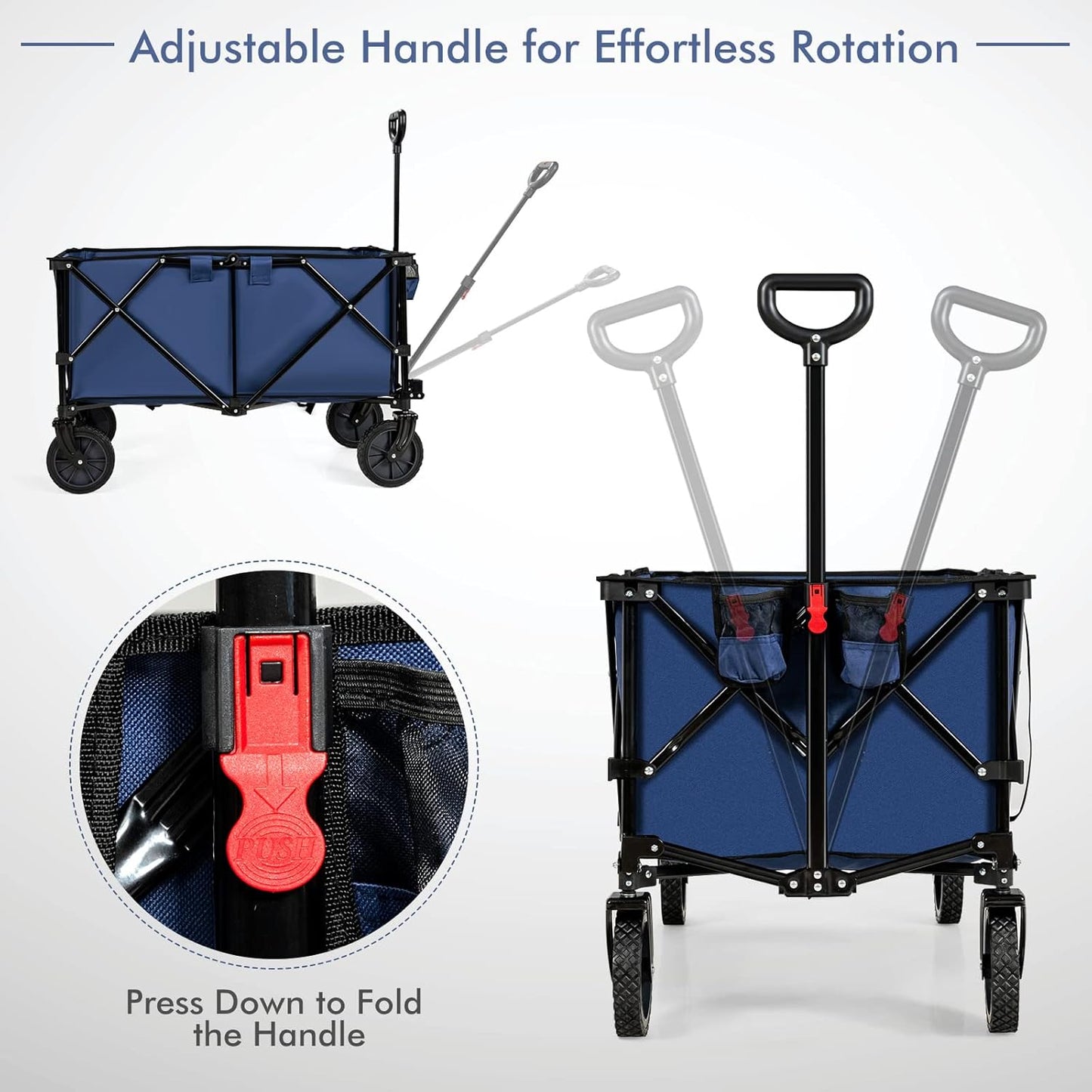 Goplus Collapsible Wagon, Folding Utility Wagon Cart w/Universal Wheels & Adjustable Handle & Cover Bag, Grocery Wagon for Garden Shopping Camping (Navy)