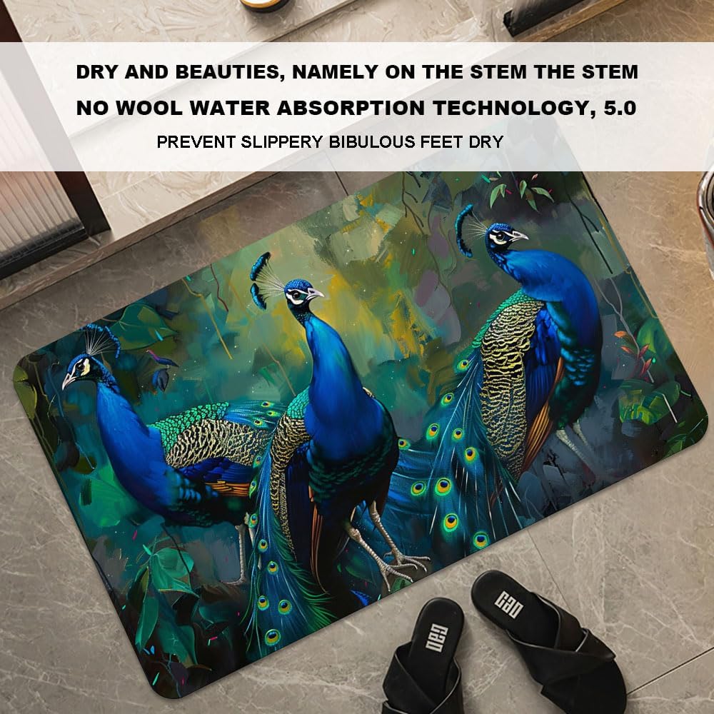 Bath Mat-Bathroom Rug，Three Peacocks-Absorbent Non Slip Quick Dry Stain Resistant Easy to Clean Care Shower Rug for Bathtub Shower Room 17×27.5Inch (43 * 70cm)