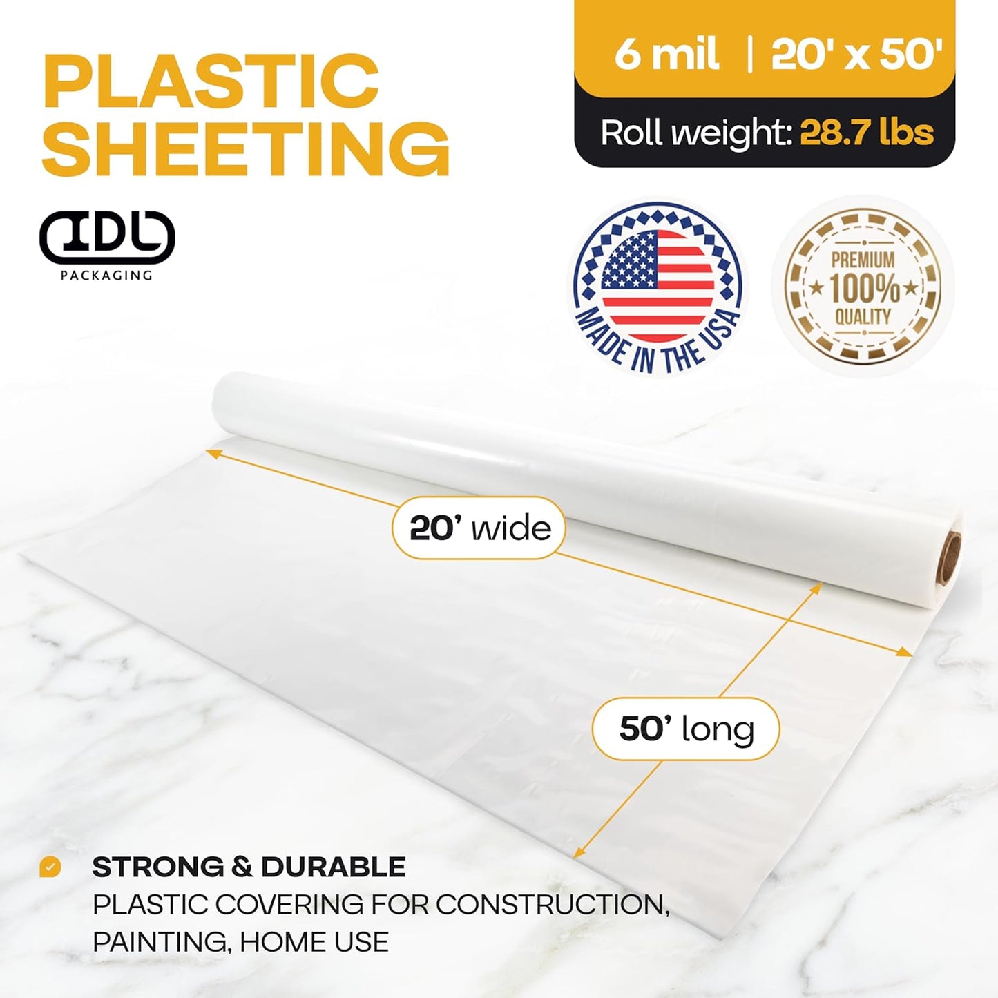 Plastic Sheeting 6 mil, 20' x 50' (1000 sq. ft.) - Thick Semi-Clear LDPE Plastic Sheeting Heavy Duty for Construction and Painting - Plastic Sheeting for Drop Cloth - Roll of Plastic by IDL Packaging
