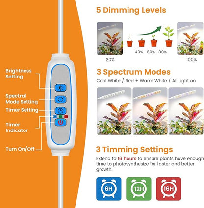 Kullinss White Grow Light, Clip On Plant Lights for Indoor Growing with 6/12/16H Timer, 3 Color Modes, DC Plug, 30W 171 LEDs Full Spectrum Plant Lamp, Grow Lights for Indoor Plants, Herbs, Seedlings