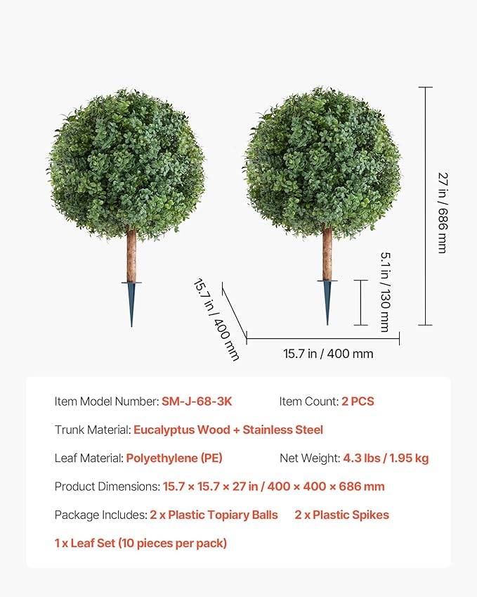 VEVOR Artificial Topiary Boxwood Trees with Ground Spike, 27 inch 2 Set Faux Shrubs & Bushes Potted Plants, Fake Silk Tree Look Real for Decor Front Porch Outdoor Indoor Patio Garden Balcony Backyard
