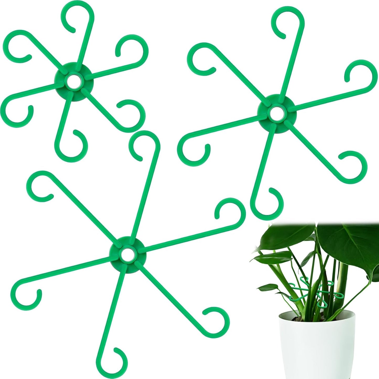 3PCS Plant Stem Support, 3 Sizes Climbing Houseplant Stem Holders, Plastic Reusable Flower Trellis Stem Hook Plant Care Growth Accessories for Flower Plants Indoor Outdoor- Green
