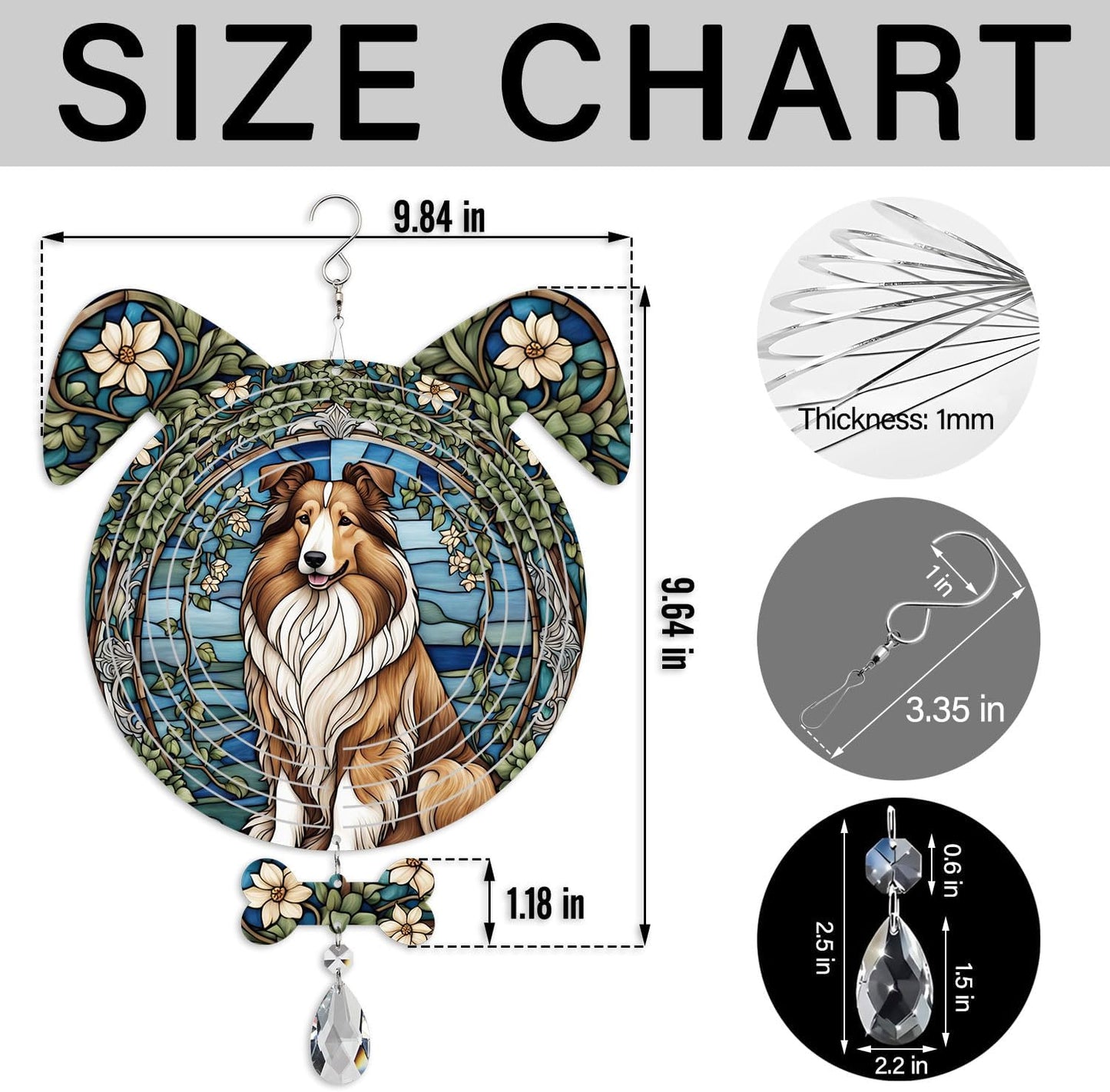 Rough Collie Dog Ears Wind Spinner, Rough Collie Wind Spinner Hanging for Yard and Garden V02