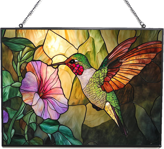 Customized Rectangle Art Nouveau Hummingbird and Glory Stained Glass Window Hanging, Stained Glass