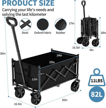 Collapsible Wagon Cart with 360lbs Weight Capacity, Lightweight Portable Foldable Wagon Cart with Wheels, Large Capacity Utility Wagon for Garden, Sports, Shopping, Grocery, Camping