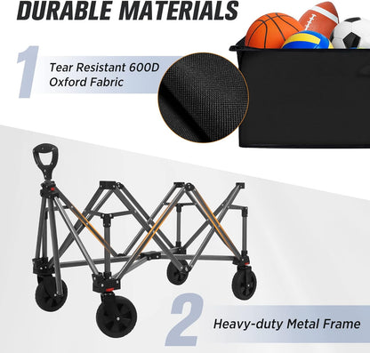 EAGLE PEAK Heavy-Duty Collapsible Folding Utility Wagon, All Terrain Garden Hand Cart with Large Size Pocket and Cup Holders for Sports, Beach, Camping, Garden, and Grocery, Black