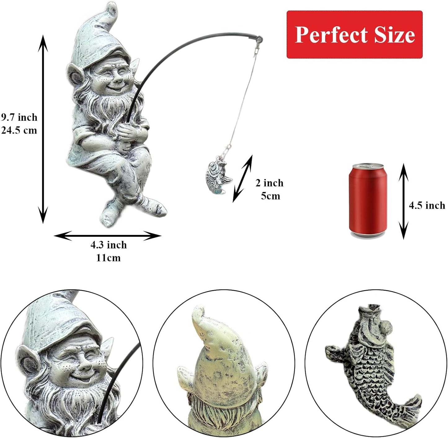 GARDEN WHISPER Gnome Statue Outdoor Garden Pond Koi Decoration, Fishing Gnome Sculpture Garden Koi Pond or Waterfall Decor, 9.7" Dwarf Fishing Poolside Statue, Great Gifts for Mom (Cartoon Style)