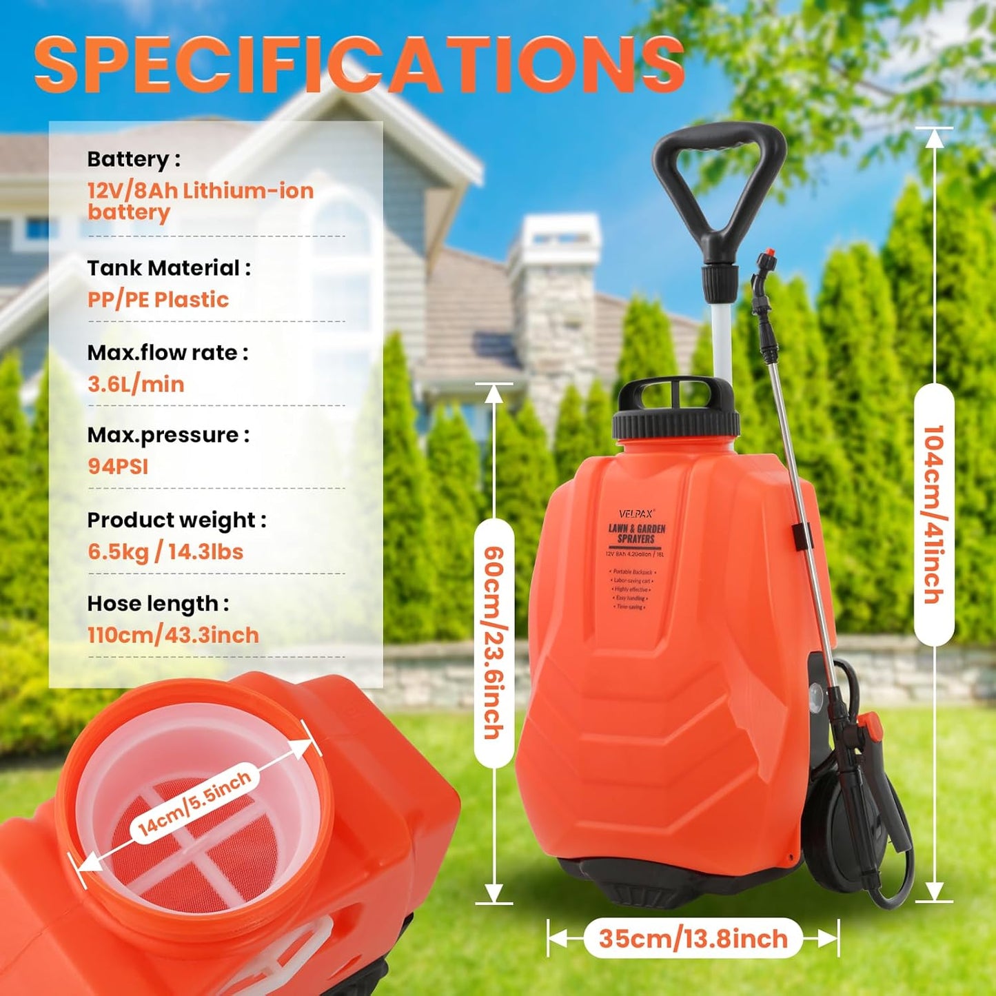 Battery Powered Backpack Sprayer 4.2 Gallon,Adjustable Wheeled Cart, 0-94 PSI,6 Hours Long Battery Life,12V 8Ah Battery,Backpack Sprayer with 10 Nozzles for Weeding, Spraying, Cleaning