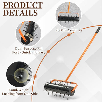 VINGLI Lawn Aerator, 17 inch Heavy Duty Lawn Aerator Tool, Rolling Aerator Lawn Tool with 42 Spikes for Garden Yard Patio Maintaining, Orange & Black
