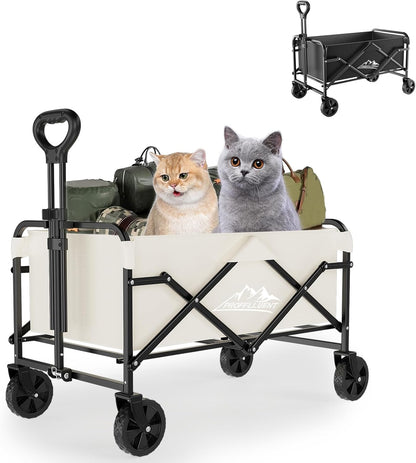 Collapsible Wagon Cart with 5" Removable 360° Swivel Wheels & Adjustable Handle, 220lbs Load Capacity, Dual Detachable Oxford Covers (White+Black)， MDF Base, All-Terrain Portable Utility Cart