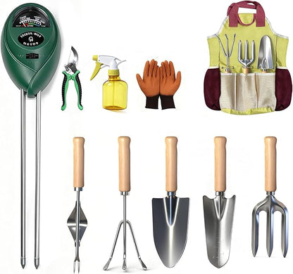 Garden Tool Set,10 Pcs Heavy Duty Gardening Hand Tools Set with Soil Moisture Meter and Storage Tote Bag,Rust-Proof Garden Supplies Kit for Planting,Ideal Gardening Gifts for Women