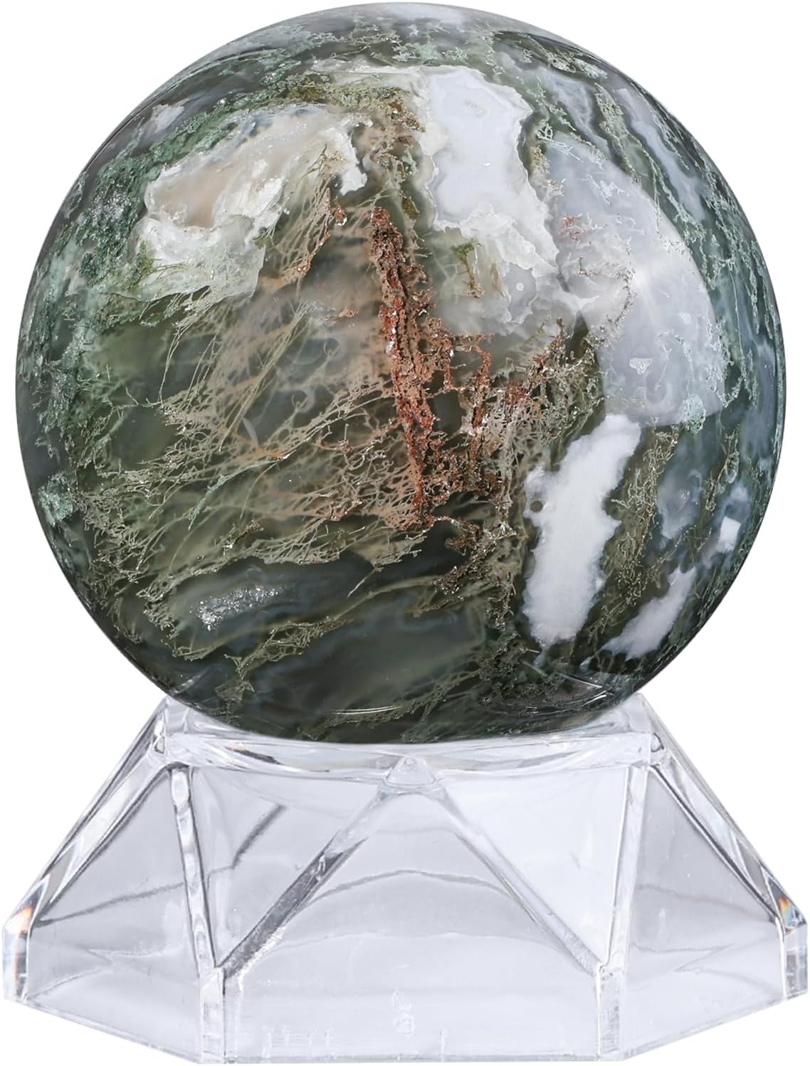 Natural Moss Agate Crystal Ball with Acrylic Display Base, 51-60mm Polished Stone Feng Shui Crystal Sphere Meditation Decoration for Home & Office