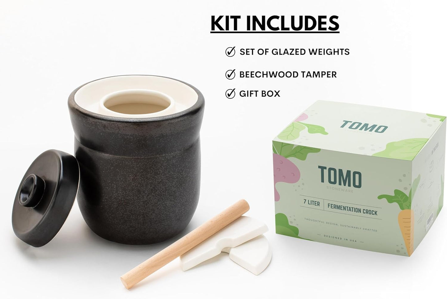 TOMO Fermentation Crock with Weights - Ceramic Sauerkraut Pickling Crock - Stoneware Kombucha Brewing (3L)
