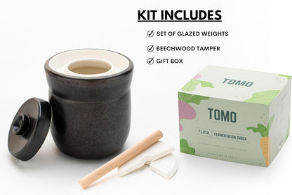 TOMO Fermentation Crock with Weights - Ceramic Sauerkraut Pickling Crock - Stoneware Kombucha Brewing (3L)