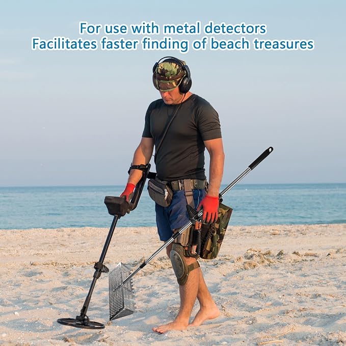 Sand Flea Rake Set, Sand Sifter for The Beach, Stainless Steel Shark Tooth Sifter, with 16" Width Basket Metal Detecting Tool with Anti Slip Handle for Collecting Seashells