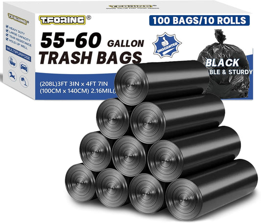 55-60 Gallon Trash Bags Heavy Duty 2.1 Mil - 39''x55'' 100 Count Extra Thick Black Garbage Bags