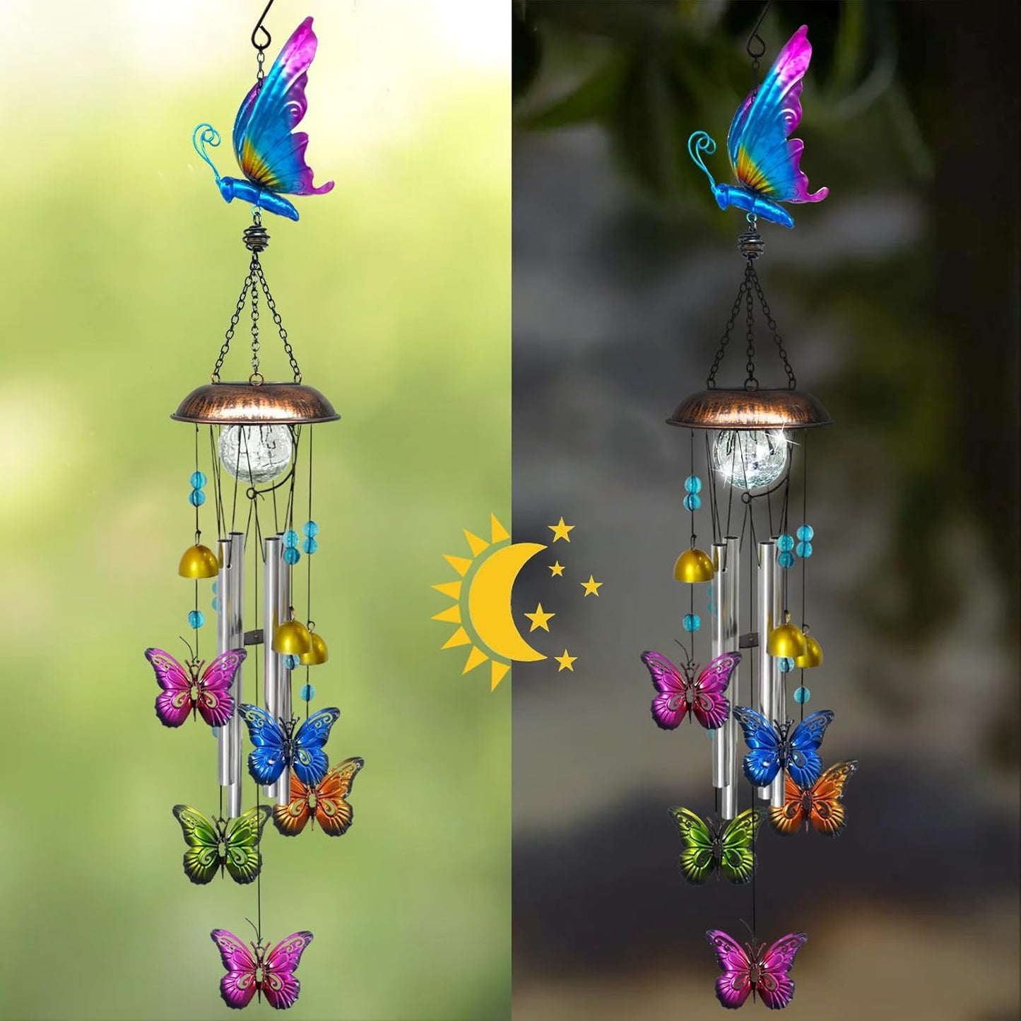 Solar Wind Chimes for Outside, 33.5 Inch Butterfly Wind Chimes Outdoors with Crackled Glass Ball Decorative Hanging in Garden, Yard, Patio