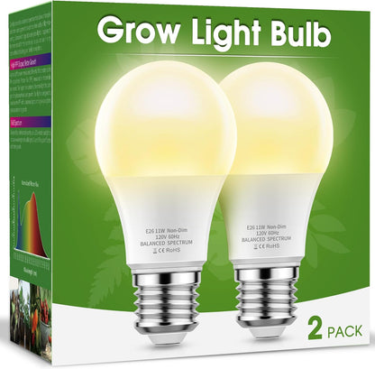 LED Grow Light Bulb, A19 Full Spectrum, 11W (100W Equivalent), E26 Base, for Indoor Plants, Seed Starting, and Growing, 2-Pack