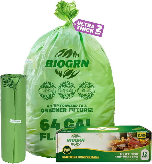 60-64 Gallon Compostable Trash Bags 12 Bags with Flat-Top Large Compost Bags Thick 1.57 Mil, 242.72