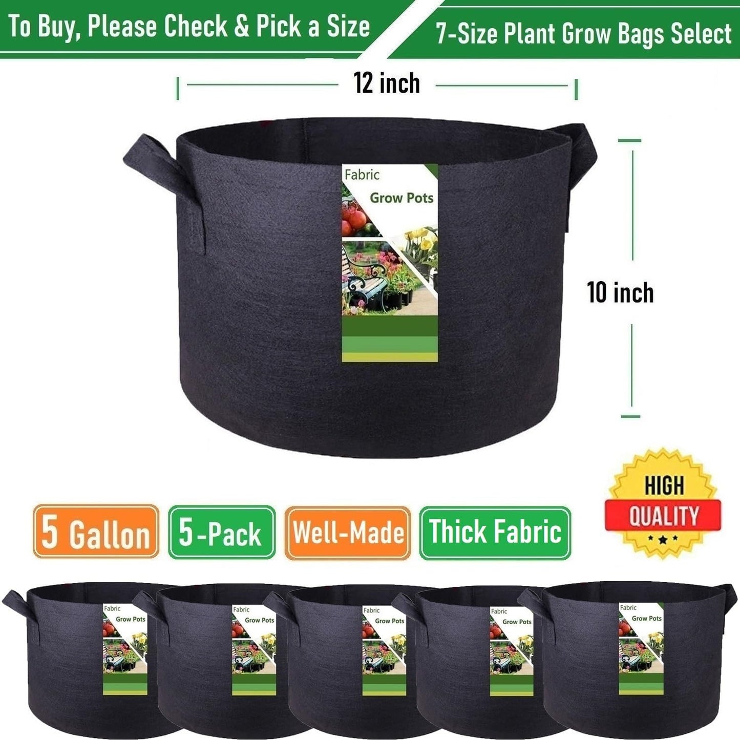 5-Pack 5 Gallon Plant Grow Bags (12x10 inch) Thickened Garden Bags Fabric Plant Pots for Flower Pot,Tomato Planters,Herbs Veggies,Potato Planter Bag,Garden Pot,Barrel Planter,Plant Container W/ Gloves