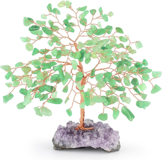 Green Aventurine Healing Crystal Tree – Jade Tree with Amethyst Cluster Base Positive Energy for Home and Office Decoration 5.5-6.3 Inches