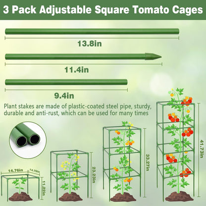 Halatool Tomato Cage for Garden 3 Pack, Square Heavy Duty Adjustable Tomatoes Cages Trellis Stakes Plant Support for Pots Climbing Plants Vegetables Flowers Fruits Cucumber Peony (39 Inch, Extra-Bold)