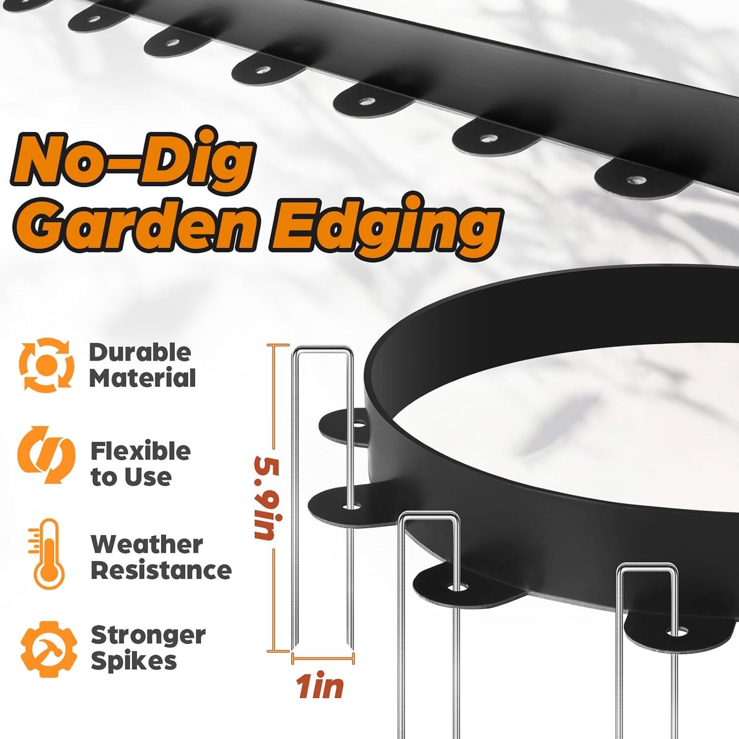 Landscape Edging, 2.0" x 60' Plastic Garden Edging with 60 Pcs Metal Spikes, Flexible Garden Border for Lawn, Landscaping, Flower Beds