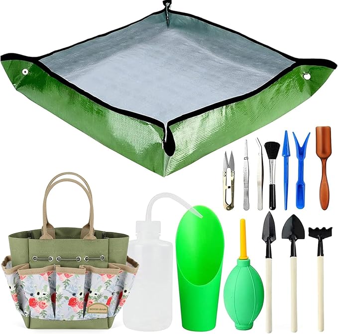 G GOOD GAIN Garden Succulent Kit with Organizer Bag, 14 Pieces Succulent Tools, Indoor Mini Hand Gardening Tools Set with Carrier for Bonsai Planter Miniature Fairy Planting Care(Rose)