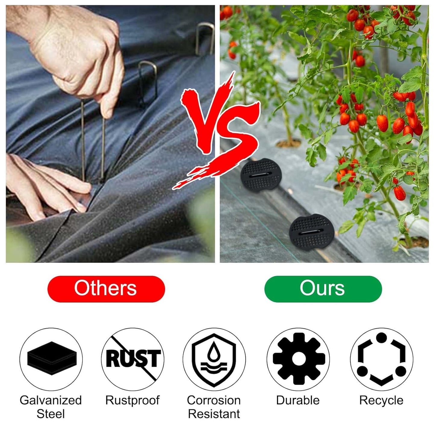 Finderomend 100 Pack Landscape Staples and 100 Pack Gaskets,8" Long 9 Gauge Galvanized Steel Garden Staples with Black Pads,Landscape Pins Turf Staples for Securing Weed Barrier Artificial Grass