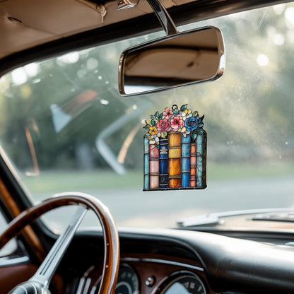 Floral Books Acrylic Suncatcher Stained Glass Effect Window Car Hanging Christmas Ornament Indoor Outdoor Decor Garden Bookish Sun Catcher Gifts for Bookworm Lover for Women Mom Grandma