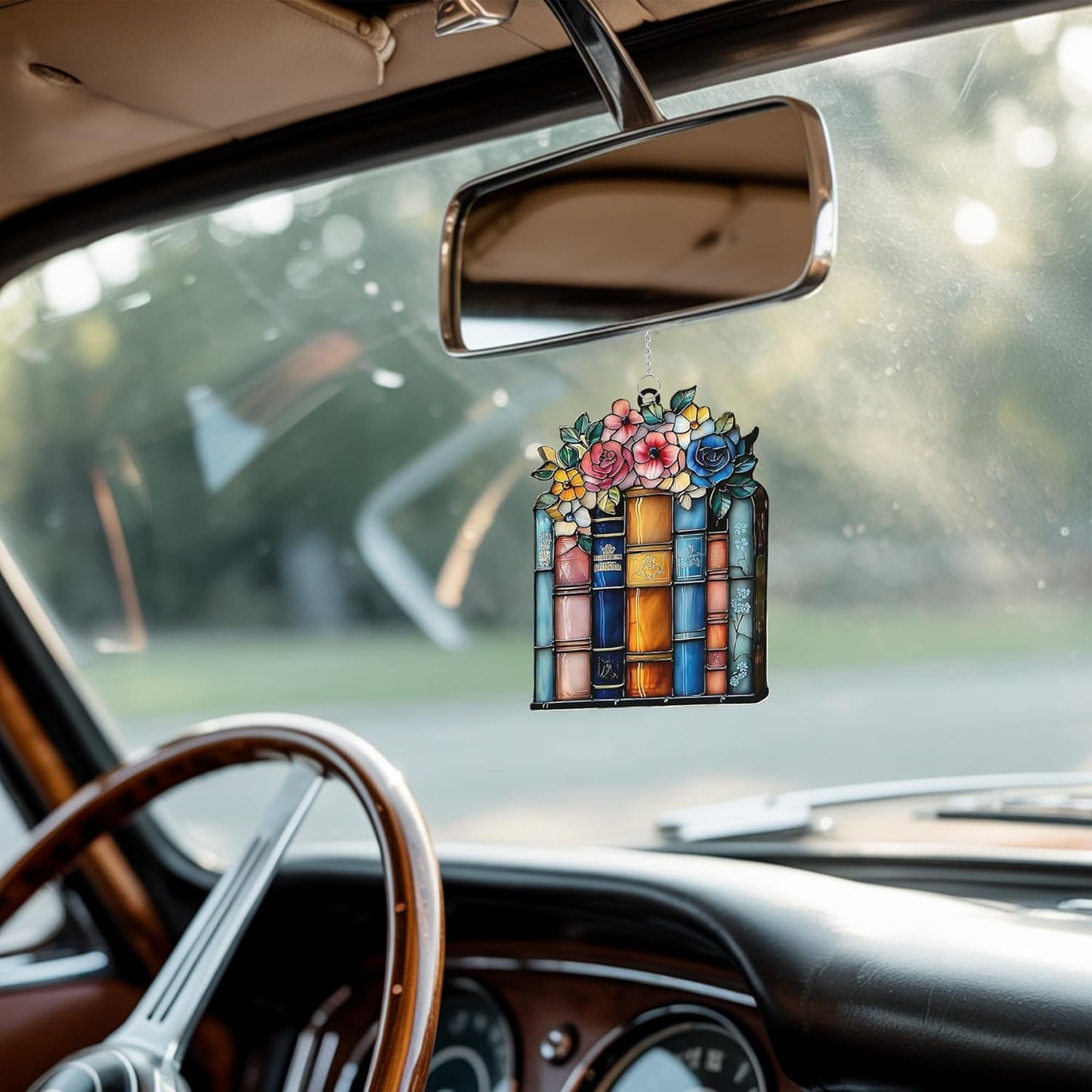 Floral Books Acrylic Suncatcher Stained Glass Effect Window Car Hanging Christmas Ornament Indoor Outdoor Decor Garden Bookish Sun Catcher Gifts for Bookworm Lover for Women Mom Grandma