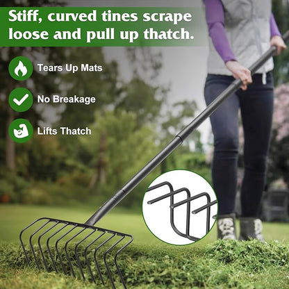 Garden Rake for Leaves, 60 Inch Heavy Duty Rakes for Lawns Yard Mulch Gathering, Metal Thatch with Adjustable Handle, Wide Bow Rake Head for Grass Deribs