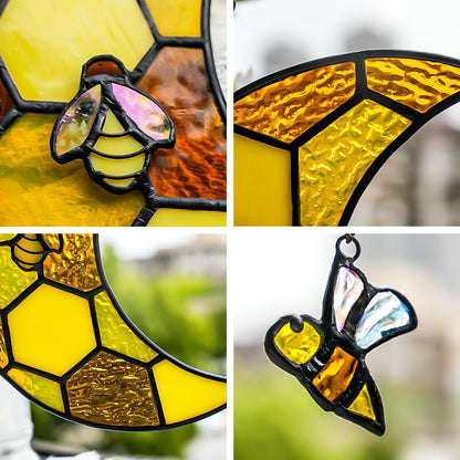 Bee Stained Glass Suncatcher for Window,Honeycomb Stained Glass Window Hanging Moon Decor,Bee Gifts for Women,Bee Lovers,Housewarming Gift,Honeybee Decor for Birthday Party