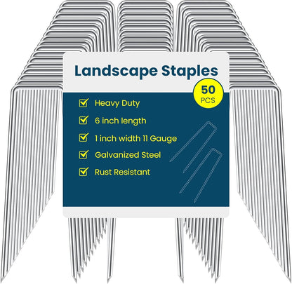 6 Inches Galvanized Garden Staples, Metal Tent Stakes, Heavy Duty U-Shaped Pins and Landscaping Staples for Sod Anchoring Landscape Fabric Irrigation Tubing,Halloween Decorations (50, Silver)