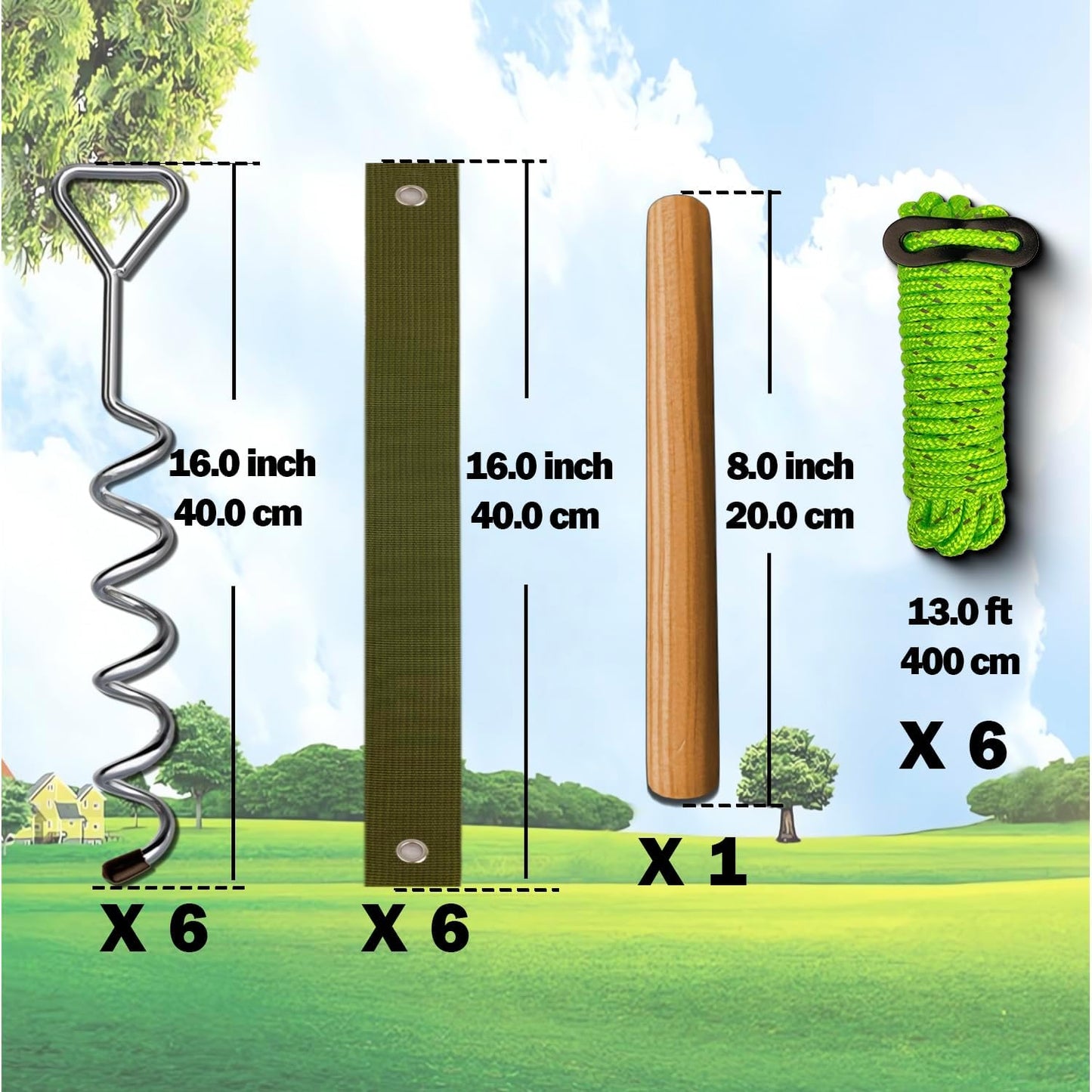 Heavy Duty Tree Stakes and Supports - 16" Spiral Metal Tree Stakes Kit - Reflective Nylon Rope - Thickened Straps - Quick Installation Stick - Chrome Finish