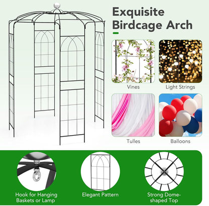 Happygrill Birdcage Shape Garden Arbor, 9.4 x 6.8FT Heavy Duty Gazebo with Hanging Hook for Climbing Plants, Outdoor Arch Pergola Pavilion for Wedding Party Ceremony Decoration