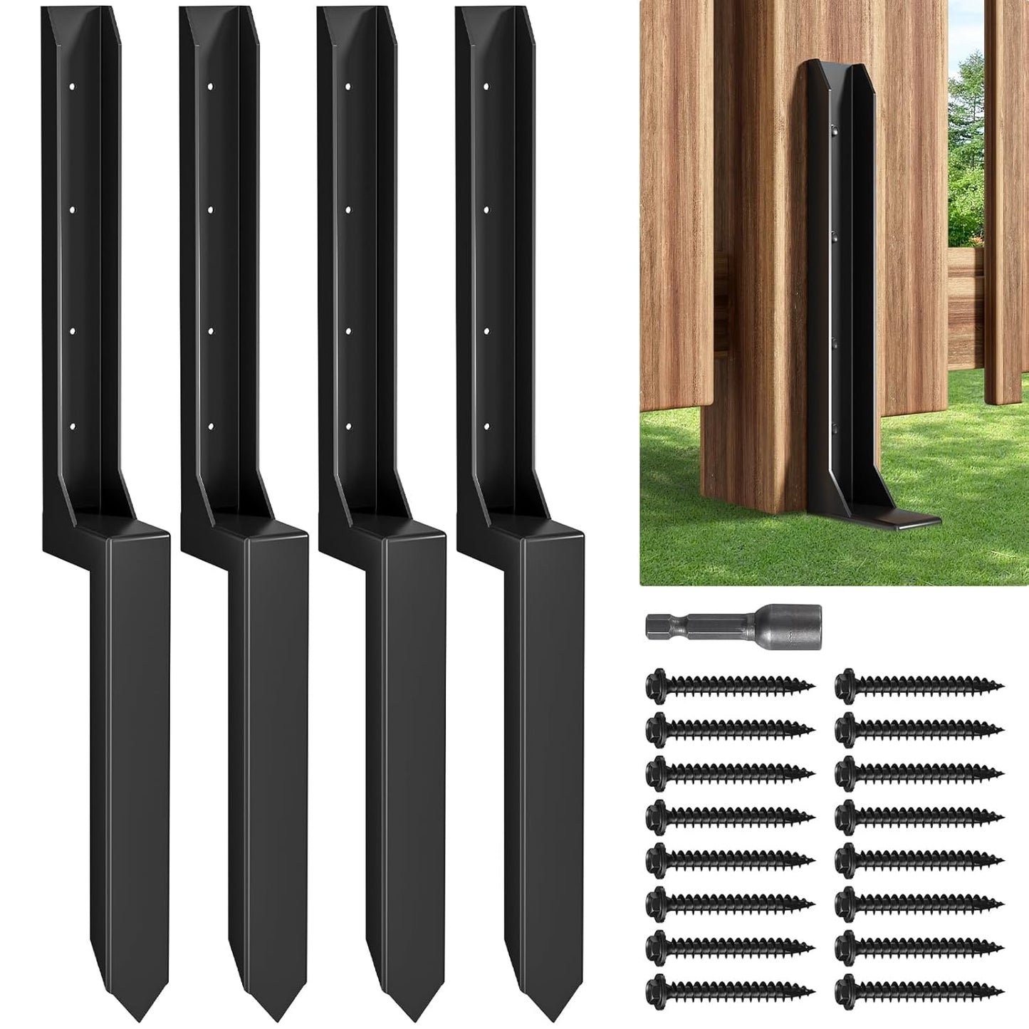 One-Piece Fence Post Repair Kit，Heavy Duty Steel Fence Post Anchor Ground Spike ，Quick Fix Broken/Leaning Wood Posts with，and Fixed Fence Posts（4-Pack）