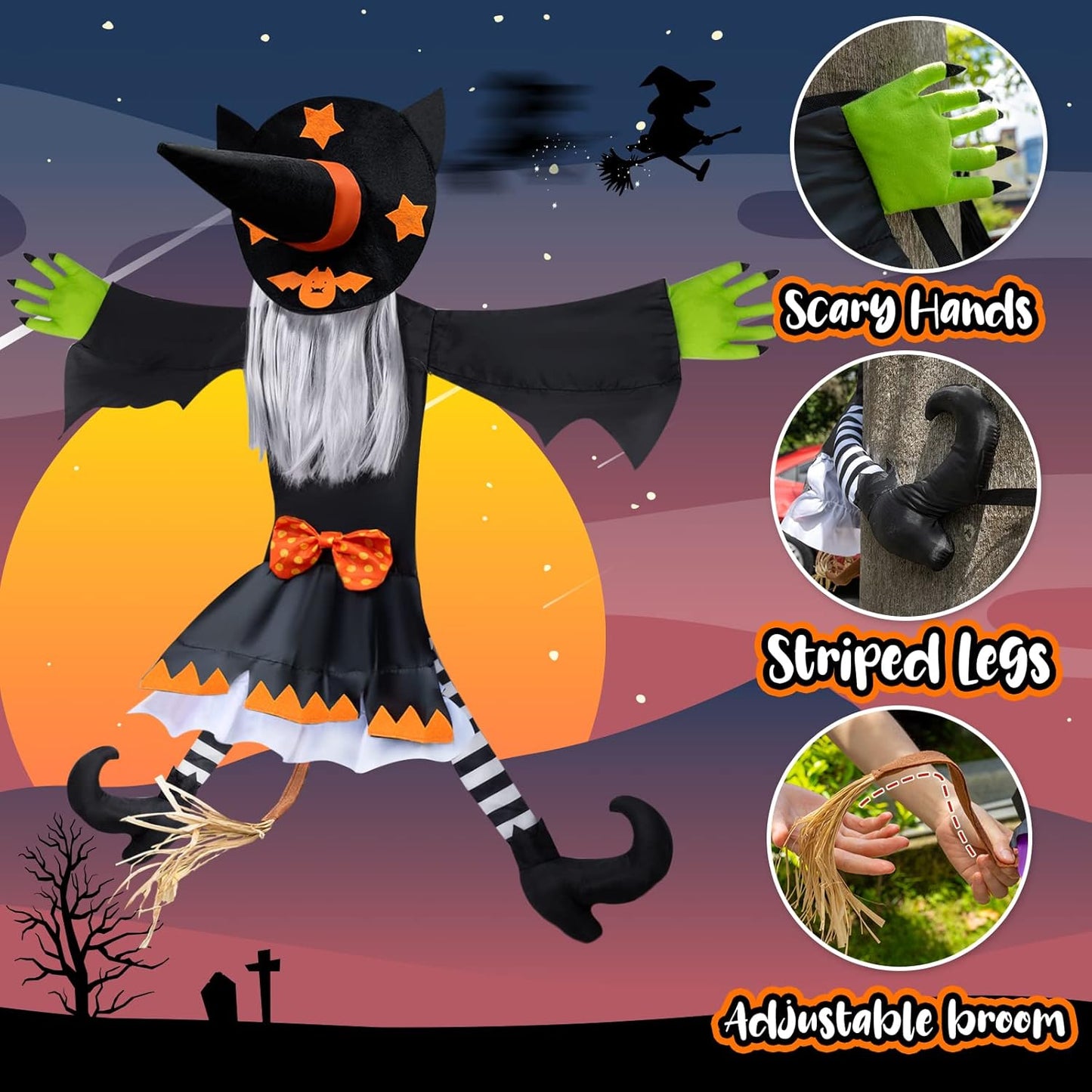 Crashing Witch Decor, Halloween Decorations Clearance Outdoor Witch Props Ornaments, Hanging into Tree/Porch Pole/Door/Indoor/Yard, with Adjustable Band, Outside Garden Funny Witches Flying Crashed