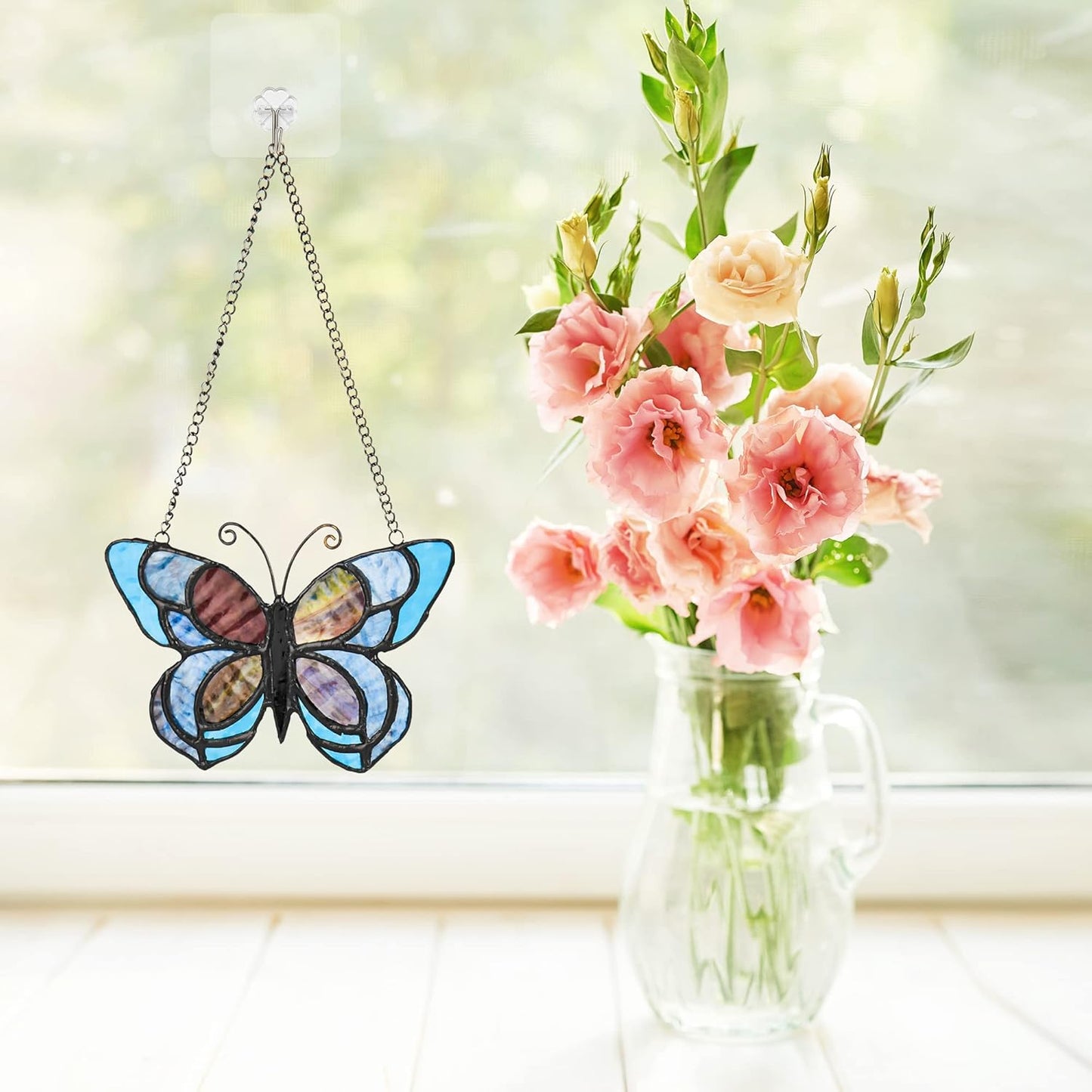 Blue Butterfly Suncatcher for Window Stained Glass Window Hanging Butterfly Gift for Mom, Women, Mother's Day