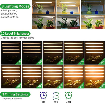 13 Inches Plant Growing lamp Strips, Full Spectrum LED 3500K Grow Light for Indoor Plants with 3/9/12H Timer and 10 Dimmable Levels for Green House Hydroponics Succulent and Shelf，4 Head 2 Pack