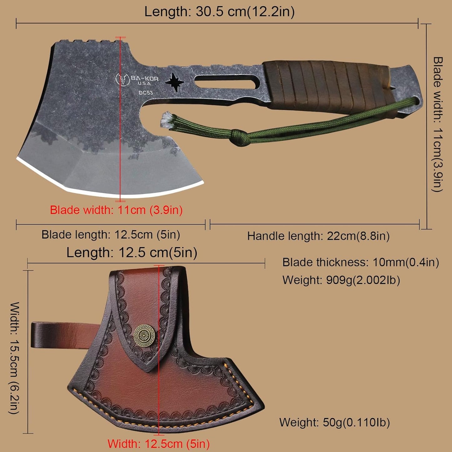 BA-KOR 12.2-inch DC53 Steel 10mm Thick Multi-Functional Survival Axe for Camping, EDC Tool, Jungle Logging Axe + Axe Sheath (5.9in) Cerium igniter