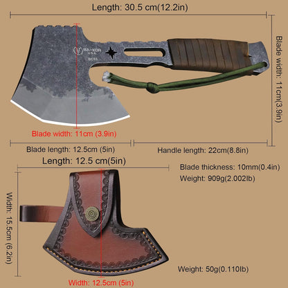 BA-KOR 12.2-inch DC53 Steel 10mm Thick Multi-Functional Survival Axe for Camping, EDC Tool, Jungle Logging Axe + Axe Sheath (5.9in) Cerium igniter