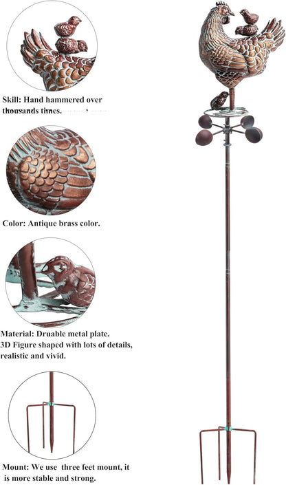 3D Large Metal Hen with Chicks Statue Wind Spinner,79" H Kinetic Garden Chicken Wind Sculpture,Mother Hen & Chicks Wind Vane,Metal Yard Art,Antique Copper Chicken Decorfor Outdoor Patio Lawn Yard