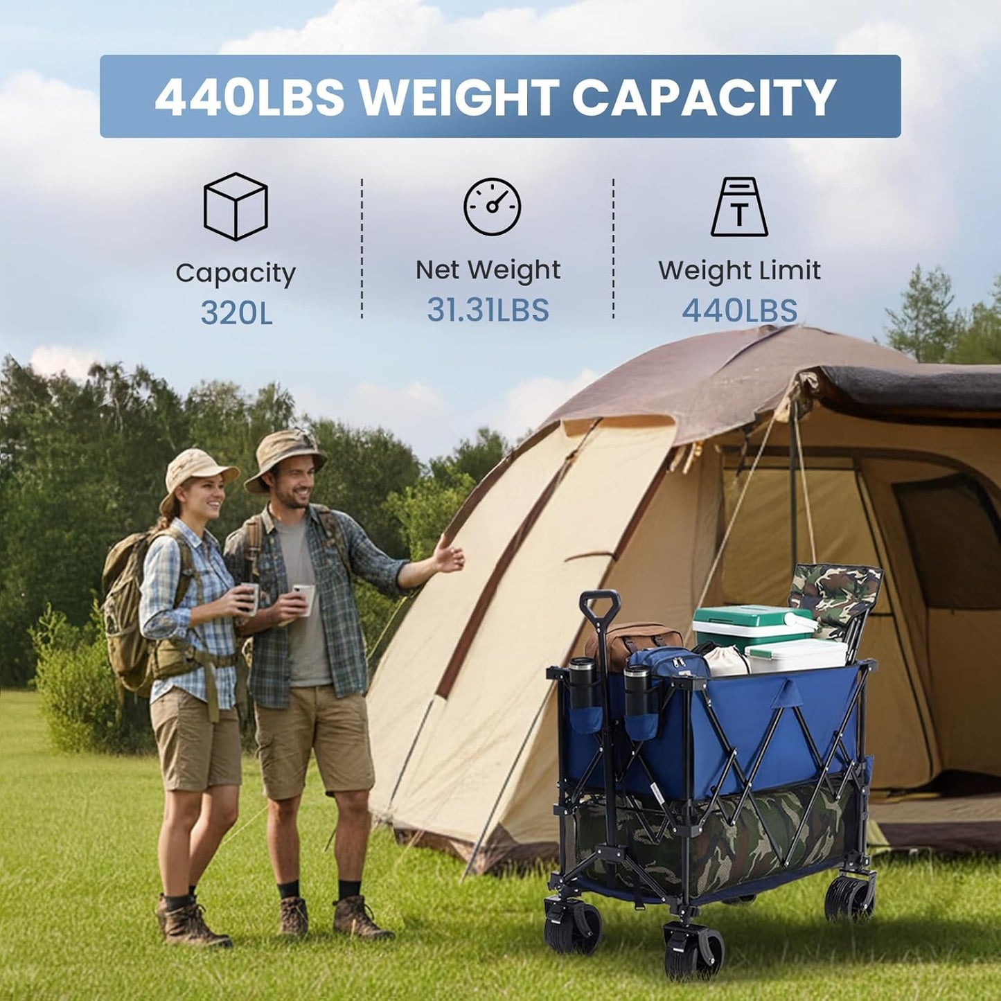 DUMOS Large Capacity Folding Double Decker Wagon with Brakes, 440 lbs Wagons Carts Foldable Wagon Cart with Flexible Handle, All-Terrain Big Wheels for Grocery Sports Garden Camping