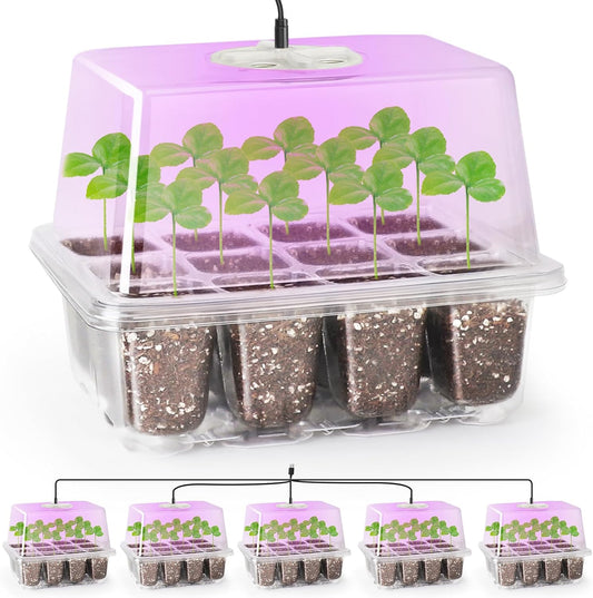 Bonviee 5 Packs Seed Starter Tray with Grow Light, Elevated Seedling Starter Trays Kits with