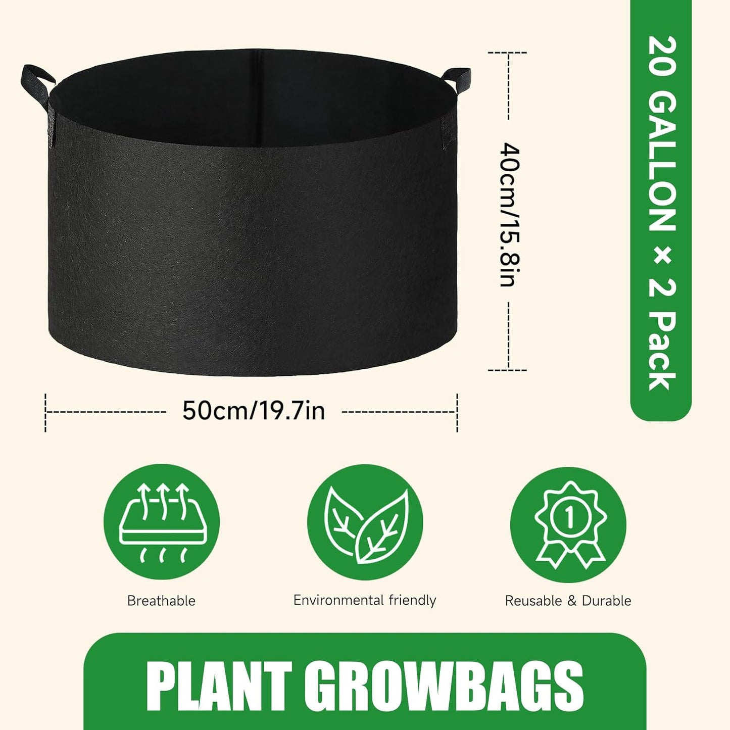 2-Pack 20 Gallon Fabric Grow Bags with Handle, Heavy Duty 300G Thickened Nonwoven with Handles and Reusable, Suitable for Garden Vegetables,Fruits and Flowers(Black)
